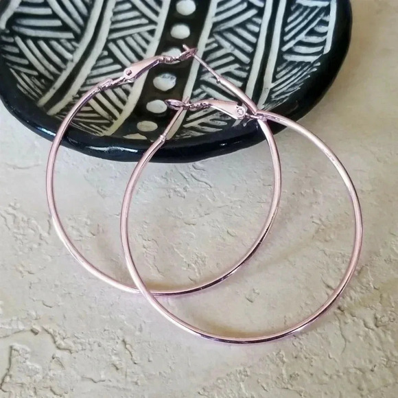 Sleek Pink Large Hoop Earrings 50mm 2" Leverback Minimalist Classic - Picture 1 of 6